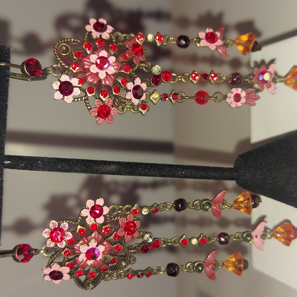 Statement leverback floral earrings 3.75" long.